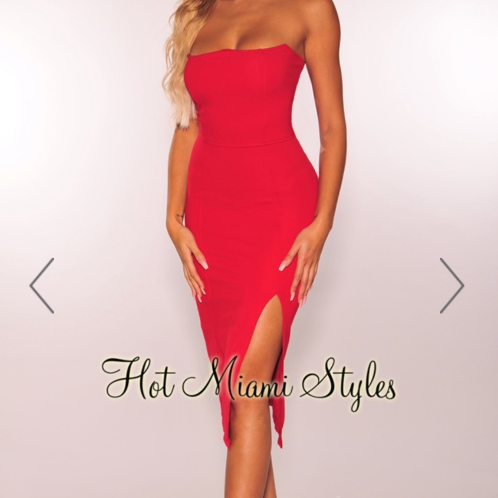 Hot Miami Style Bustier Strapless Midi Slit Dress